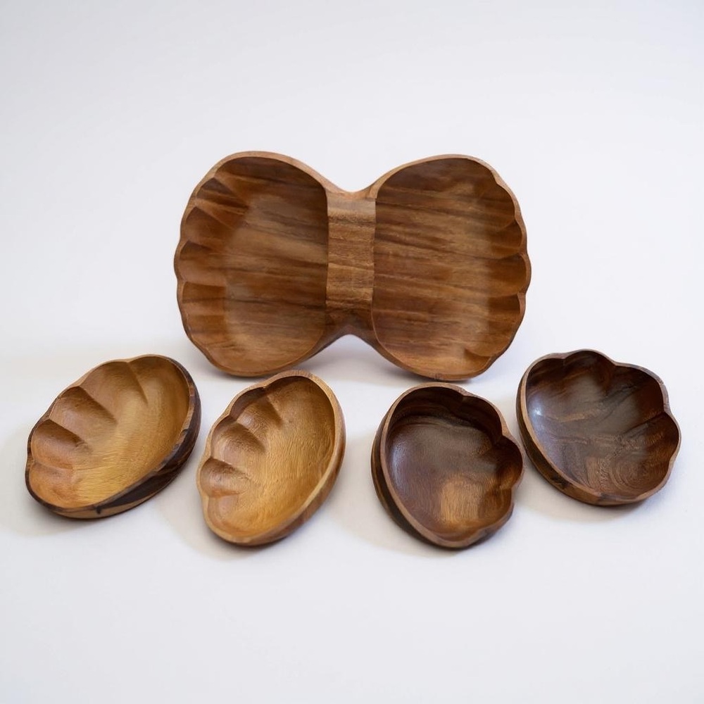 5‎ Piece Monkey Pod Wood Salad Serving Bowl Set Mid Century Modern Scalloped
